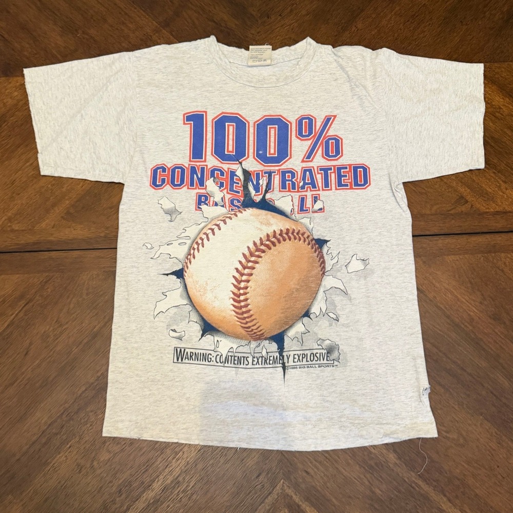 Vintage 1995 Big Ball Sports Baseball T-Shirt Grey Graphic Tee Mens XL USA Made